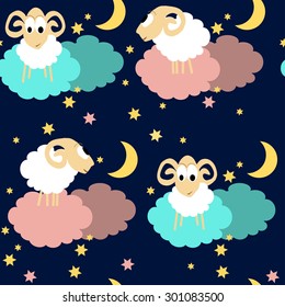 Seamless pattern with cute sheep at night. Vector background with clouds and stars