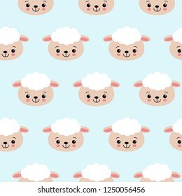 Seamless pattern with cute sheep on blue. Vector background for kids