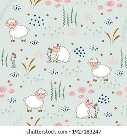 Seamless pattern with cute sheep on the lawn. For kids apparel, fabric, textile, nursery decoration, wrapping paper. Vector Illustration