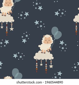 Seamless pattern with cute sheep on clouds. Dreaming sheep with ballons. Good night stars