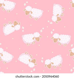 Seamless pattern with cute sheep on pink background. Sleeping sheep. Vector illustration.