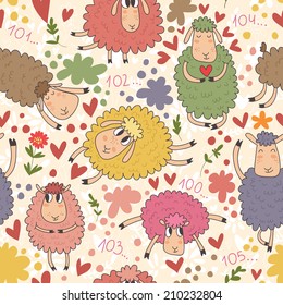 Seamless pattern with cute sheep on clouds. Seamless pattern can be used for wallpaper, pattern fills, web page backgrounds, surface textures.