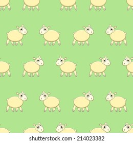 Seamless pattern with cute sheep on grass, vector illustration