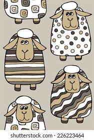 Seamless pattern of cute sheep on the gray background. Vector illustration.