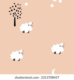 Seamless pattern. Cute sheep on a delicate pink background. Vector design. Fabric, bed linen, wallpaper, wrapping paper.
