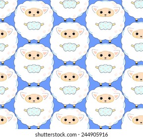 Seamless pattern of cute sheep on blue vector background. Cloth design. Can be used for wallpaper, pattern fills, web page background and surface textures. Childish textile.