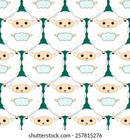 Seamless pattern of cute sheep on green blue vector background. Cloth design. Can be used for wallpaper, pattern fills, web page background and surface textures. Childish textile. 