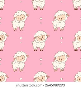 Seamless pattern with Cute Sheep on pink background. Happy Cartoon Funny kawaii Farm Animal character. Vector illustration. Kids collection 