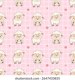 Padrão contínuo com Ovelha bonito no fundo ligeiramente rosa quadriculado. Feliz Funny kawaii Farm Animal personagem. Ilustração vetorial. Coleção Kids