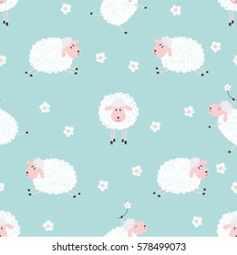 Seamless pattern with cute sheep on blue. Vector background for kids.