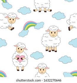 
Seamless pattern cute sheep rainbow clouds vector illustration