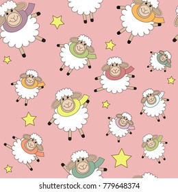 Seamless pattern with cute sheep with scarves and stars on pink background. Children, kids background, wallpaper. Vector illustration in cartoon style 