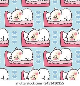 Seamless pattern of cute sheep sleeping with heart background.Farm animal character cartoon design.Relax.Dream.Image for card,poster,baby clothing.Kawaii.Vector.Illustration.