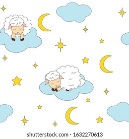 
Seamless pattern cute sheep sleeps stars clouds moon moon vector illustration