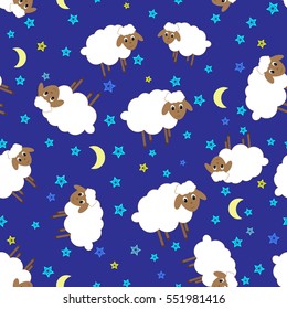 Seamless pattern with cute sheep in the starry sky vector illustration