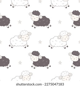 Seamless pattern with Cute sheep and stars. Childish Cartoon Animals Background design for paper goods, background, wallpaper, wrapping, printing, fabric, swaddles, apparel and more