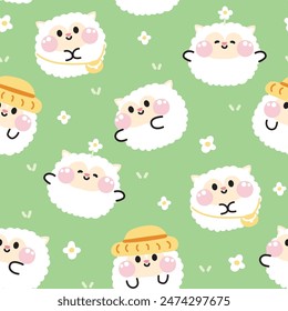 Seamless pattern of cute sheep stay on grass background.Farm animal character cartoon design.Image for card,sticker,baby clothing.Nature.Flower.Kawaii.Illustration.