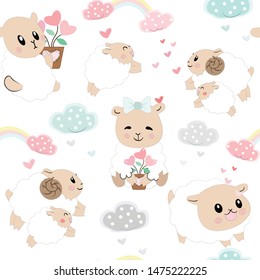 Seamless pattern cute sheep, sweet cloud and heart,illustration vector doodle comic art.