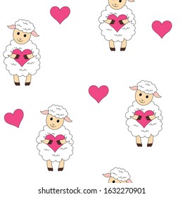 Seamless pattern cute sheep valentines day hearts illustration vector