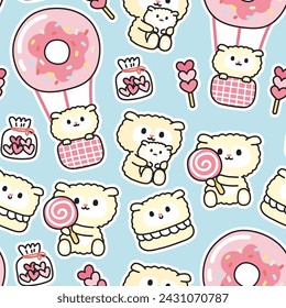 Seamless pattern of cute sheep in various poses background.Heart cookies,candy,macaron,balloon,donut hand drawn.Farm animal character cartoon design.Baby clothing.Kawaii.Vector.Illustration.