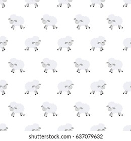 Seamless Pattern With Cute Sheep. Vector Background For Kids. Cartoon Style. Childrens Doodle. Babyhood. Newborn. Vector Illustration And Element For Your Design, Wallpaper. Zoo. Kids. Farm