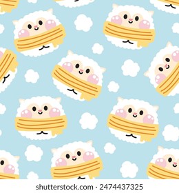 Nahtloses Muster der niedlichen Schafe tragen Schal mit Schnee Hintergrund.Winter.Farm Tier Charakter Cartoon Design.Kawaii.Vektorgrafik.Illustration.