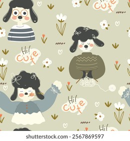 Seamless pattern with cute sheeps, flowers and words. Hand drawn little shepps pattern. Vector illustration.