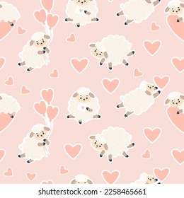 Seamless pattern with cute sheeps on soft pink background with hearts. Vector illustration. Endless background for valentines, wallpapers, packaging, print, kids collection