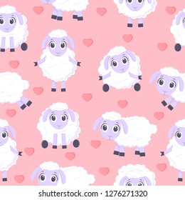 Seamless pattern of cute sheeps. Valentines day. Cartoon happy sheeps  holiday package paper. Vector illustration
