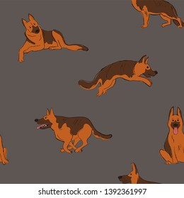 Seamless pattern with cute Shepherd dog. Funny doggy background, wallpaper or print design.