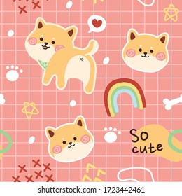 Seamless pattern of cute shiba inu background hand drawn.Cartoon animal doodle.Kawaii style.Japanese dog.T-shirt Print Design for Kids.Image for card,poster,wallpaper,banner. Vector.Illustration. 