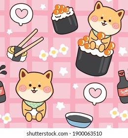 Seamless Pattern Of Cute Shiba Inu Dog Sit On Sushi.Animals Character Design.Japanese Food.Background.Wallpaper.Kid Graphic.Kawaii.Vector.Illustration.