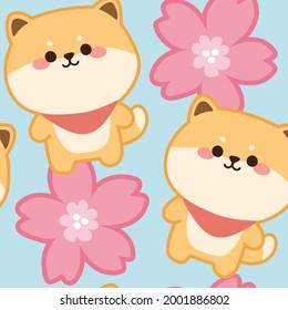 Patrón sin inconvenientes de la tierna caricatura de perro shiba inu con flor sakura.Japonés.Imagen para papel pintado, pancarta, tarjeta, pegatina, pantalla de camisa.Dibujo infantil.Diseño de carácter animal.Repita.Art.Vector.Ilustración.