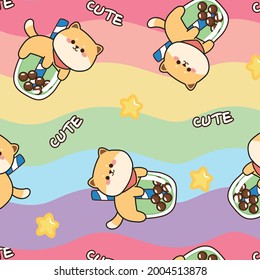 Seamless pattern of cute shiba inu dog on bubble milk tea cup with star background.Animal cartoon character design.Image for wallpaper,sticker,texture,screen.Rainbow.Kawaii.Vector.Illustration.