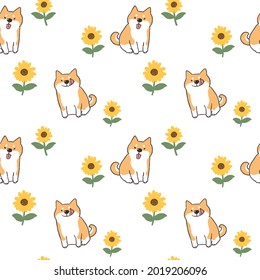 Seamless Pattern with Cute Shiba Inu Dog and Flower Illustration on White Background