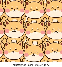 Seamless pattern of cute shiba inu dog cartoon background.Animals character design.Pet.Japanese dog.Kid graphic.Wallpaper.Kawaii.Vector.Illustration.