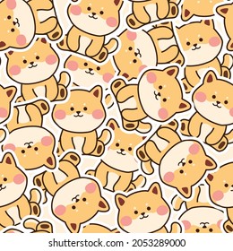 Nahtloses Muster süßer Shiba-Inu-Hundekartoon auf sitzendem Hintergrund.Tierisches Zeichendesign.Pet.Repeat.Kawaii.Bild für Babytuch,Geschenkpapier,Karte,Banner,Tapete,Aufkleber.Vektorgrafik.Illustration