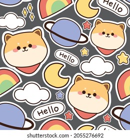 Seamless pattern of cute shiba inu dog,planet,rainbow,star,hello text cartoon on gray background.Animal character design.Repeat.Kawaii.Sweet.Image for baby cloth,sticker,card.Vector.Illustration.