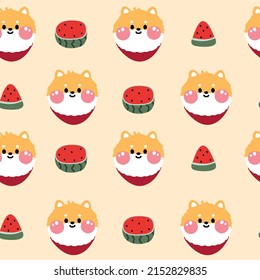 Seamless pattern of cute shiba inu dog with watermelon on yellow background.Summer fruit.Japanese pet.Kawaii.Vector.Illustration.