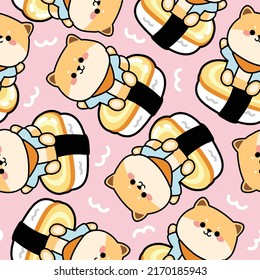 Seamless pattern of cute shiba inu dog cartoon sit on sushi.Japanese food.Pink background.Animal character design.Kawaii.Vector.Illustration.