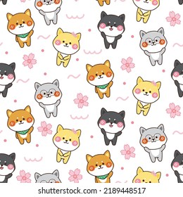 Seamless Pattern Of Cute Shiba Inu With Sakura Flower On White Background.Funny Animal Character Cartoon Design.Japanese Pet.Kawaii.Vector.Illustration.