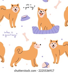 Seamless pattern with cute shiba inu dogs on white background. Modern design for fabric and paper, surface textures.