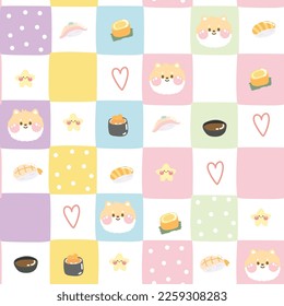 Seamless pattern of cute shiba inu dog face with sushi japanese food on square shape background.Pet animal character cartoon design.Pastel color.Kawaii.Vector.Illustration.