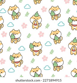 Seamless pattern of cute shiba inu dog hold green tea ice cream with sakura flower leaf and cloud on white backgorund.Japanese pet hand drawn.Funny character design.Kawaii.Vector.Illustration.