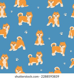 Seamless pattern with cute shiba inu dogs. Funny japanese smiling animals. Hand drawn vector illustration isolated on blue background, flat cartoon style.