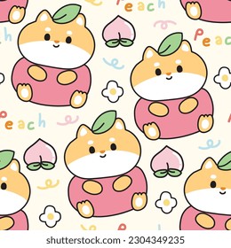 Seamless pattern of cute shiba inu dog in peach costume with flower background.Japanese pet animal character hand drawn.Image for card,poster,sticker,baby clothing.Kawaii.Vector.Illustration.