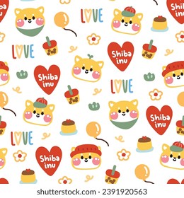 Seamless pattern of cute shiba inu dog face with tiny icon on white background.Colorful.Japanese pet animal cartoon design.Baby clothing.Kawaii.Vector.Illustration.