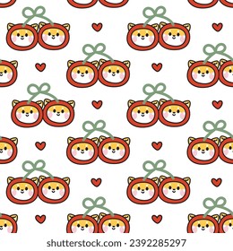 Seamless pattern of cute shiba inu dog cherry with heart on white background.Japanese pet animal character cartoon design.Image for card,psoter,baby clothing print screen.Kawaii.Vector.Illustration.