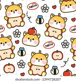 Nahtlose Muster des süßen shiba inu Hundes mit Apfelfruchtkartoon-Hintergrund.Blume, Apfel, Biene, Herz handgezeichnet.Japanisches Tier.Bild für Karte, Poster, Kinderprodukt.Kawaii.Vector.Illustration.