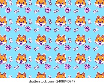 Seamless Pattern Cute Shiba Inu Dog With Bone And Paw Cartoon Vector Icon Illustration. Animal Nature Icon Concept Isolated Premium Vector. Flat Cartoon Style